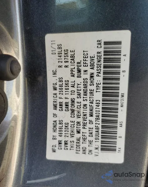 2011 Acura Tl из США, поврежденный, VIN 19UUA8F27BA007483